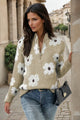 Khaki Floral Pattern Half Zip Drop Shoulder Sweater