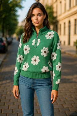 Pink Floral Pattern Half Zip Drop Shoulder Sweater