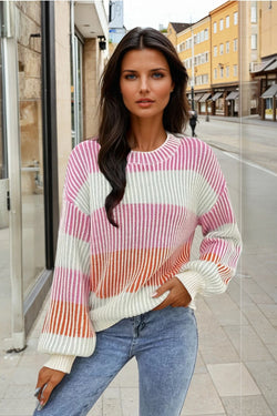 Brown Colorblock Textured Knit Bubble Sleeve Sweater