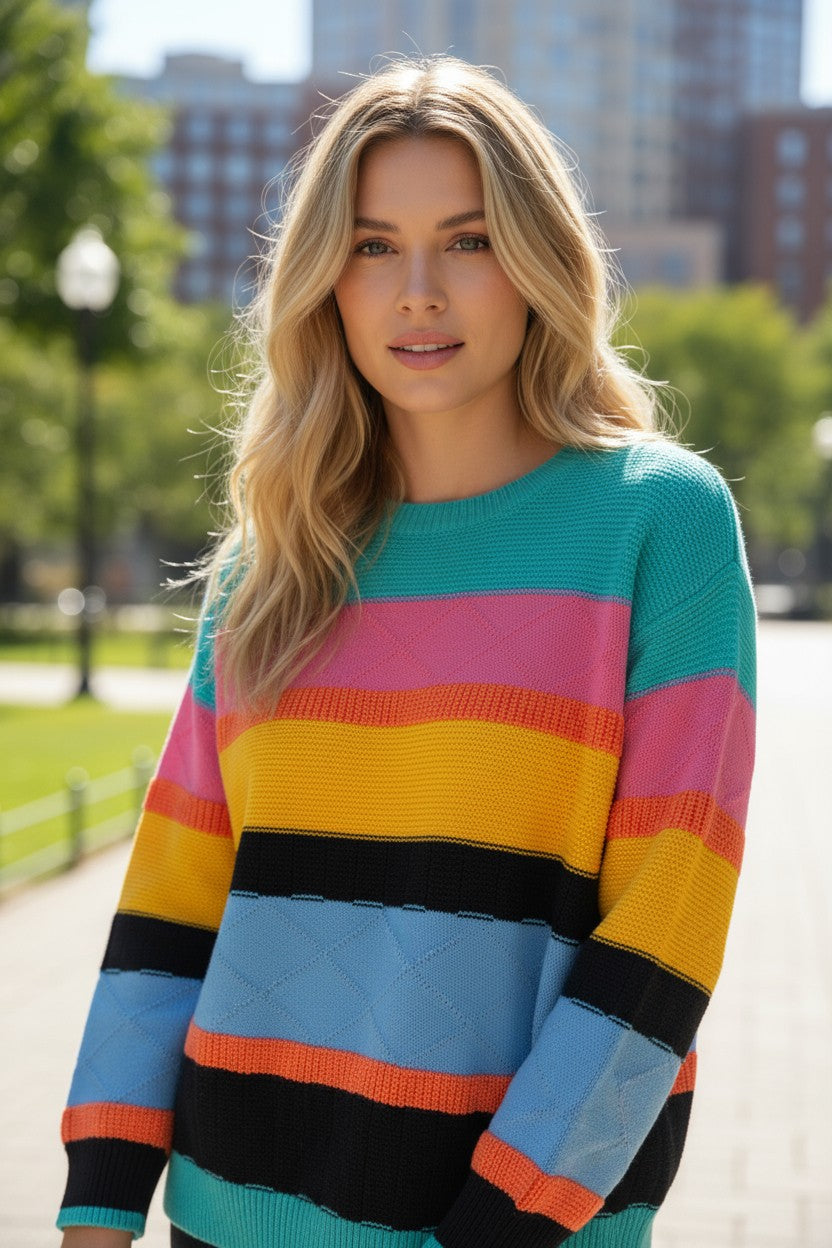 Colorblock Mixed Textured Drop Shoulder Sweater