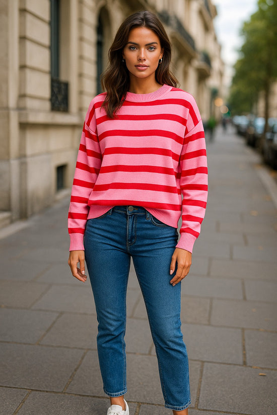 Maglione a costola a ribella a ribella a goccia a bolle a strisce rosa