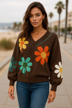Coffee Big Flower Pattern V Neck Drop Shoulder Sweater