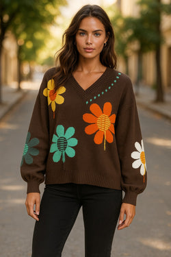 Coffee Big Flower Pattern V Neck Drop Shoulder Sweater