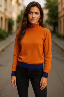 Straw Yellow Color Contrast Edge Mock Neck Slim Fit Sweater