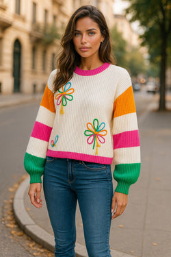 Beige Colorblock Flower Print Cable Knit Loose Sweater