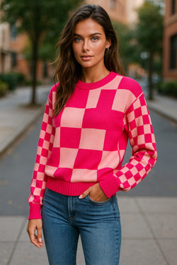 Maglie a scacchi mista rosa a scacchi con spalla sciolta