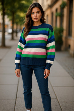 Bright Green Rainbow Striped Crew Neck Drop Shoulder Sweater