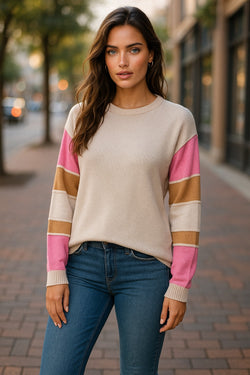 Simply Taupe Colorblock Exposed Seam Round Neck Sweater