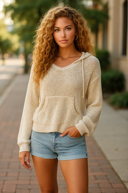 Jet Stream Hollow-out Kangaroo Pocket V Neck Hooded Sweater
