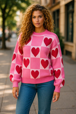 Pink Love Heart Checkered Valentine Crew Neck Sweater