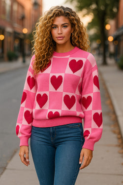 Pink Love Heart Checkered Valentine Crew Neck Sweater