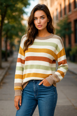 Maglione di crew da equipaggio a goccia multicolore a strisce