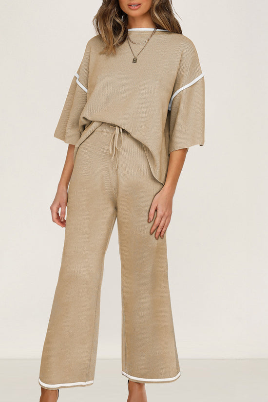 Costume 2 pièces ample avec haut à manches mi-longues et pantalon à cordon de serrage, garniture contrastée gris moyen