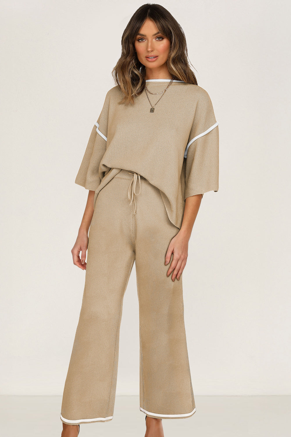 Traje de suéter suelto de 2 piezas con top de media manga con ribete en contraste gris medio y pantalones con cordón