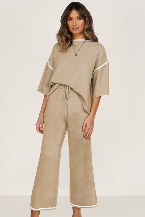 Costume 2 pièces ample avec haut à manches mi-longues et pantalon à cordon de serrage, garniture contrastée gris moyen