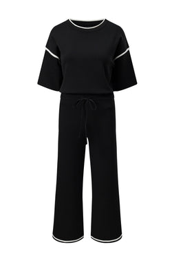 Canton Contrast Trim Half Sleeve Top Drawstring Pants Loose 2pcs Sweater Suit