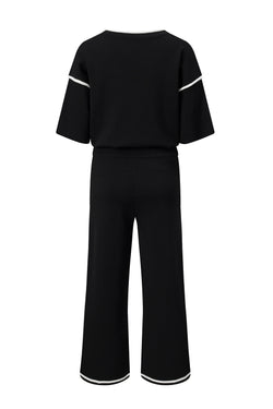 Canton Contrast Trim Half Sleeve Top Drawstring Pants Loose 2pcs Sweater Suit