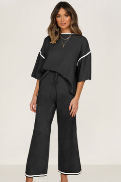 Canton Contrast Trim Half Sleeve Top Drawstring Pants Loose 2pcs Sweater Suit