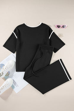 Canton Contrast Trim Half Sleeve Top Drawstring Pants Loose 2pcs Sweater Suit