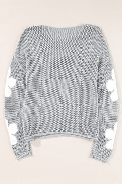 Light Grey Big Flower Hollowed Knit Drop Shoulder Sweater