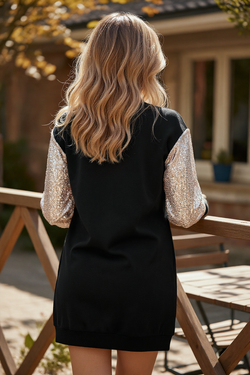 Black Sequin Puff Sleeve Shift Mini Dress