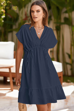 Azul marino azul detalle de doble cordón de cordón de cintura alta V cuello de manga corta mini vestido