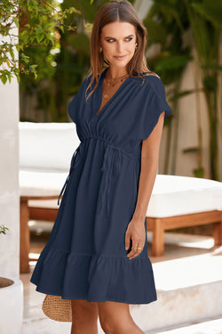 Azul marino azul detalle de doble cordón de cordón de cintura alta V cuello de manga corta mini vestido