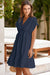 Azul marino azul detalle de doble cordón de cordón de cintura alta V cuello de manga corta mini vestido