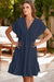 Azul marino azul detalle de doble cordón de cordón de cintura alta V cuello de manga corta mini vestido