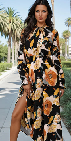 Orange Floral Print Tie Neck Long Sleeve Dress