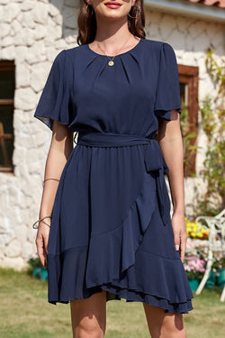 Azul marino azul plisado redondo cuello redondo manga ruffle estiramiento mini mini vestido