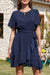 Azul marino azul plisado redondo cuello redondo manga ruffle estiramiento mini mini vestido