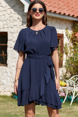 Azul marino azul plisado redondo cuello redondo manga ruffle estiramiento mini mini vestido