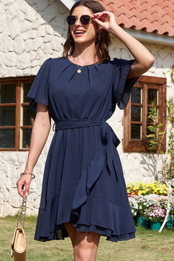Azul marino azul plisado redondo cuello redondo manga ruffle estiramiento mini mini vestido