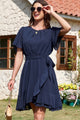 Azul marino azul plisado redondo cuello redondo manga ruffle estiramiento mini mini vestido