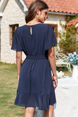 Azul marino azul plisado redondo cuello redondo manga ruffle estiramiento mini mini vestido