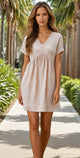 Beige Folded Short Sleeve Lace V Neck Mini Dress