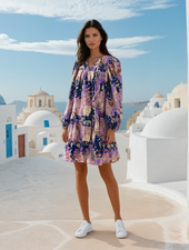 Purple Vintage Daisy Floral Puff Sleeve Ruffle Short Dress