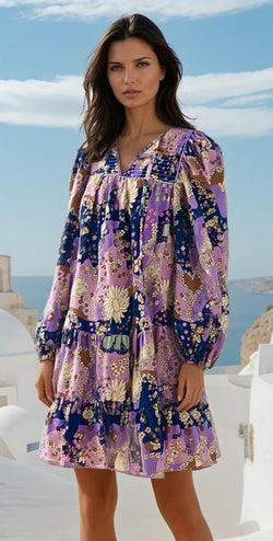 Purple Vintage Daisy Floral Puff Sleeve Ruffle Short Dress