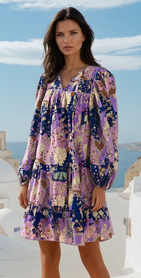Purple Vintage Daisy Floral Puff Sleeve Ruffle Short Dress