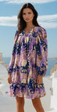 Purple Vintage Daisy Floral Puff Sleeve Ruffle Short Dress