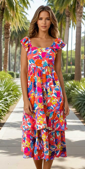 Green Floral Print Sleeveless Ruffle Tiered Maxi Dress