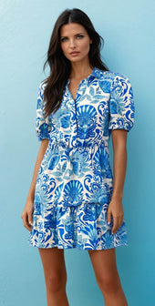 Sky Blue Retro Floral Print Drawstring Waist Ruffled Mini Dress