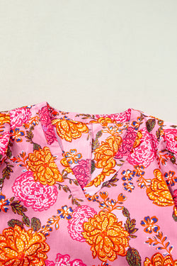 Pink Floral Bubble Sleeve V Neck Ruffled Mini Dress