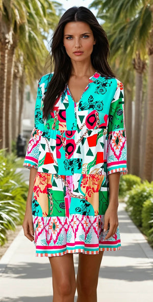 Multicolour abstrait imprimé demi-manche nouée en mini-robe de cou *