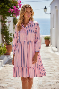 Pink Stripe Ruffled Hem Button-up Collared Shirt Mini Dress