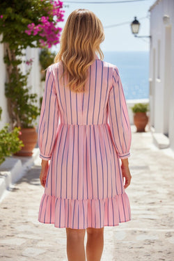 Pink Stripe Ruffled Hem Button-up Collared Shirt Mini Dress