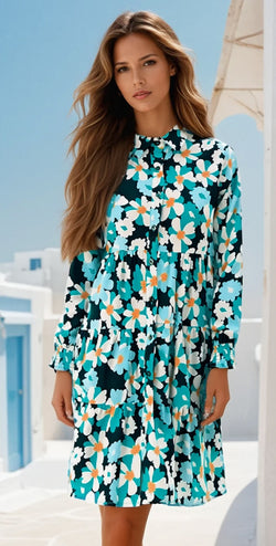 Green Floral Tiered Long Puff Sleeve Shirt Dress