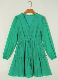 Vestido de manga de hojaldre verdes con frilly v de mar mínimo mini vestido