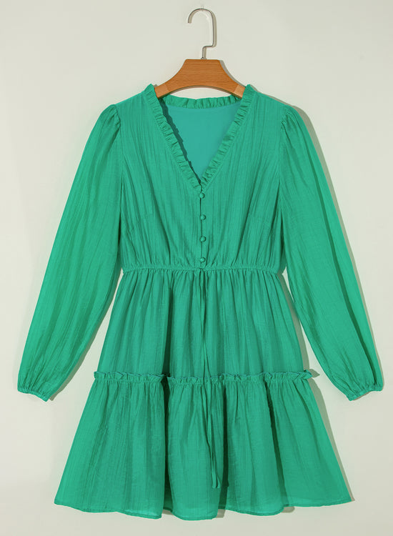 Sea Green Frilly V Neck Sfuck Sleeve Shift Mini Abito